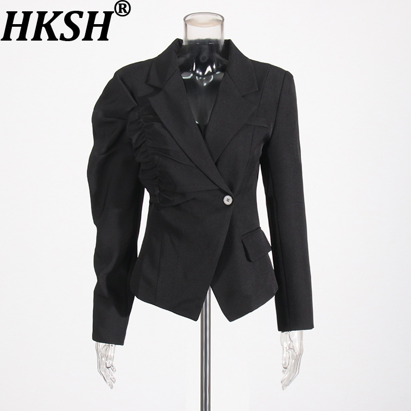 Street Fashion High End - เสื้อเบลเซอร์ผู้หญิง HKSH ทรงไม่สมมาตร ดีไซน์หรูหรา จับจีบ กระดุมเดี่ยว