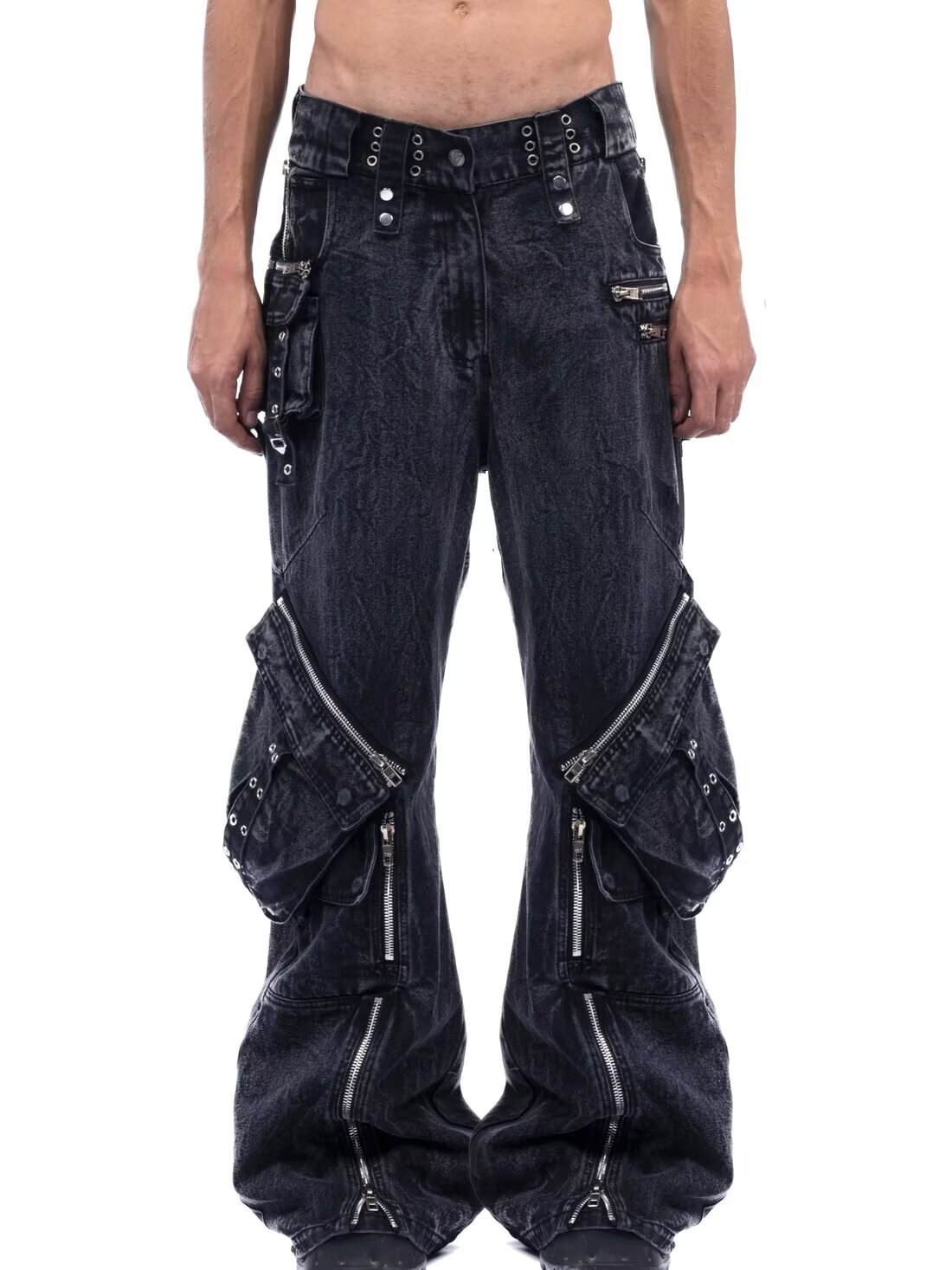 Street Fashion Jeans Men - กางเกงยีนส์สีดำสไตล์ Y2K โกธิค พังก์ หลายกระเป๋า ซิป