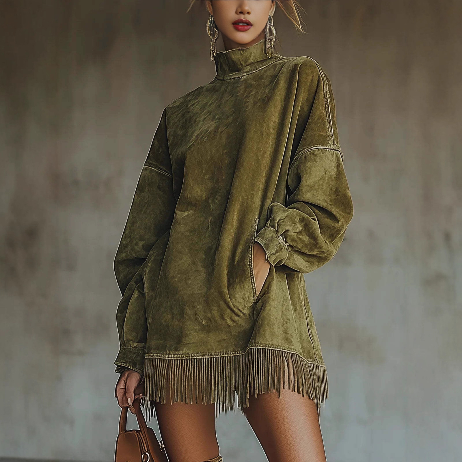 Guangzhou Street Fashion - เดรสแฟชั่นใหม่ปี 2026 แต่งพู่ แขนยาว สไตล์ลำลอง สำหรับผู้หญิง