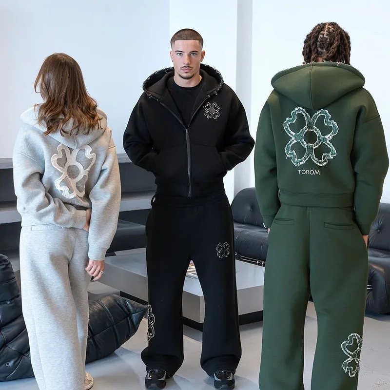 Street Fashion Y2K - ชุดเซ็ตฮู้ดดี้ซิปติดกระดุมลายใบโคลเวอร์ 4 แฉก สไตล์สปริง/ออทั่ม ไซส์ใหญ่พิเศษ สำหรับผู้ชาย