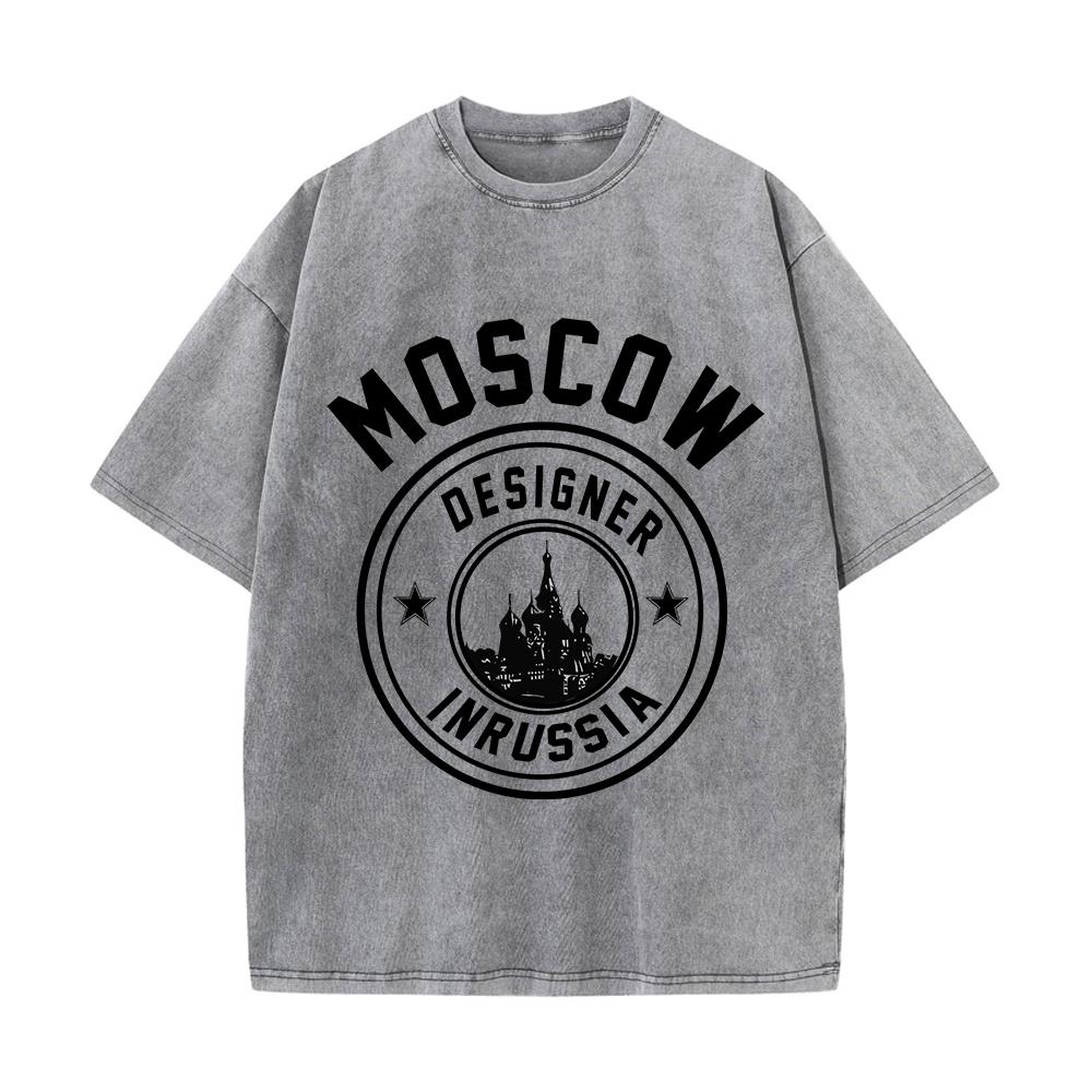 Street Fashion Russia - เสื้อยืดผู้หญิงผ้าฝ้ายฟอกสีแฟชั่นดีไซน์แบบมอสโกในรัสเซียเสื้อพิมพ์ลายเสื้อทรงหลวมคอกลมเสื้อสตรีท