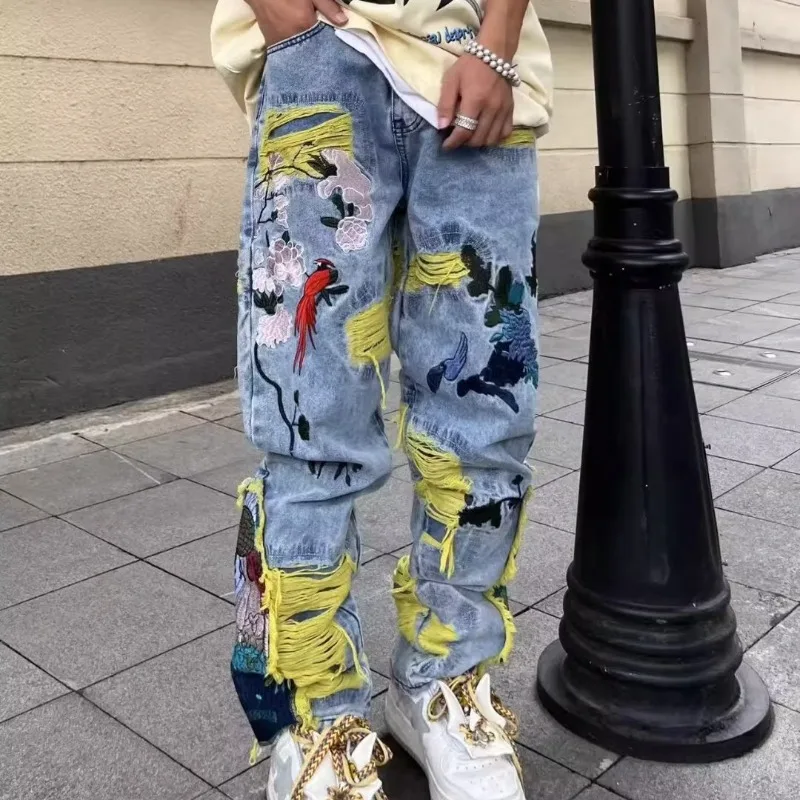 Street Fashion Jeans Men - อเมริกันVINTAGE Hip-Hopเย็บปักถักร้อยทรุดโทรมกางเกงยีนส์แฟชั่นY2k High Streetญี่ปุ่นStreetwearผู้ชายกางเกงผู้ชายเสื้อผ้า
