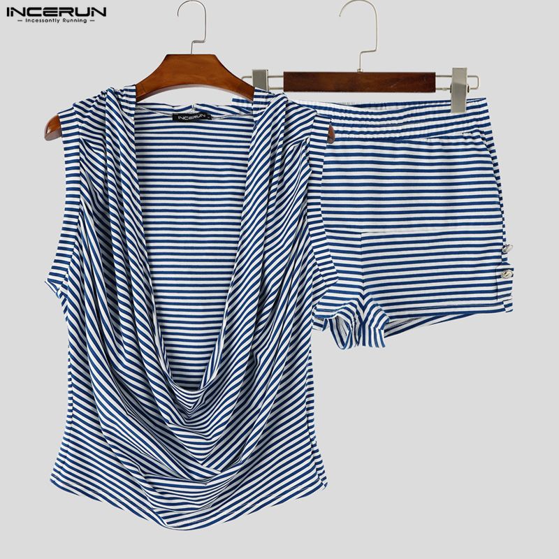 Street Fashion For Man - INCERUN ชุดเซ็ตลายทางสำหรับผู้ชาย เสื้อกล้ามมีฮู้ดแขนกุด กางเกงขาสั้น ชุดสองชิ้น สตรีทแวร์