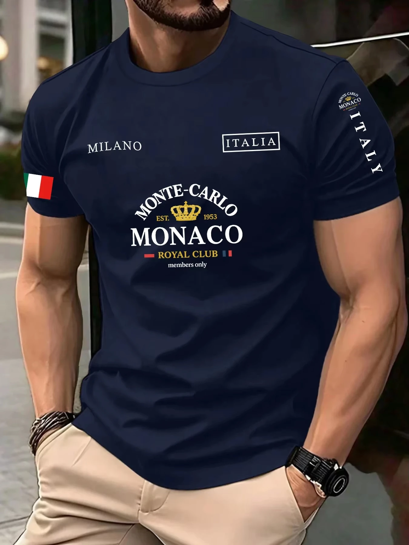 Street Fashion Monaco - เสื้อยืดผู้ชายลายตัวอักษรโมนาโกพิมพ์ 3 มิติ คอลเลคชั่นใหม่ปี 2026 เสื้อแขนสั้นคอกลม