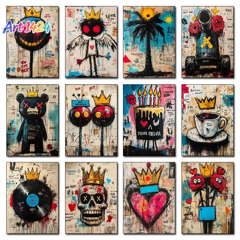Street Fashion Poster - ภาพวาดแคนวาสไร้กรอบ 1 ชิ้น ลายมงกุฎแฟชั่น ลูกโป่ง งานศิลปะการ์ตูน