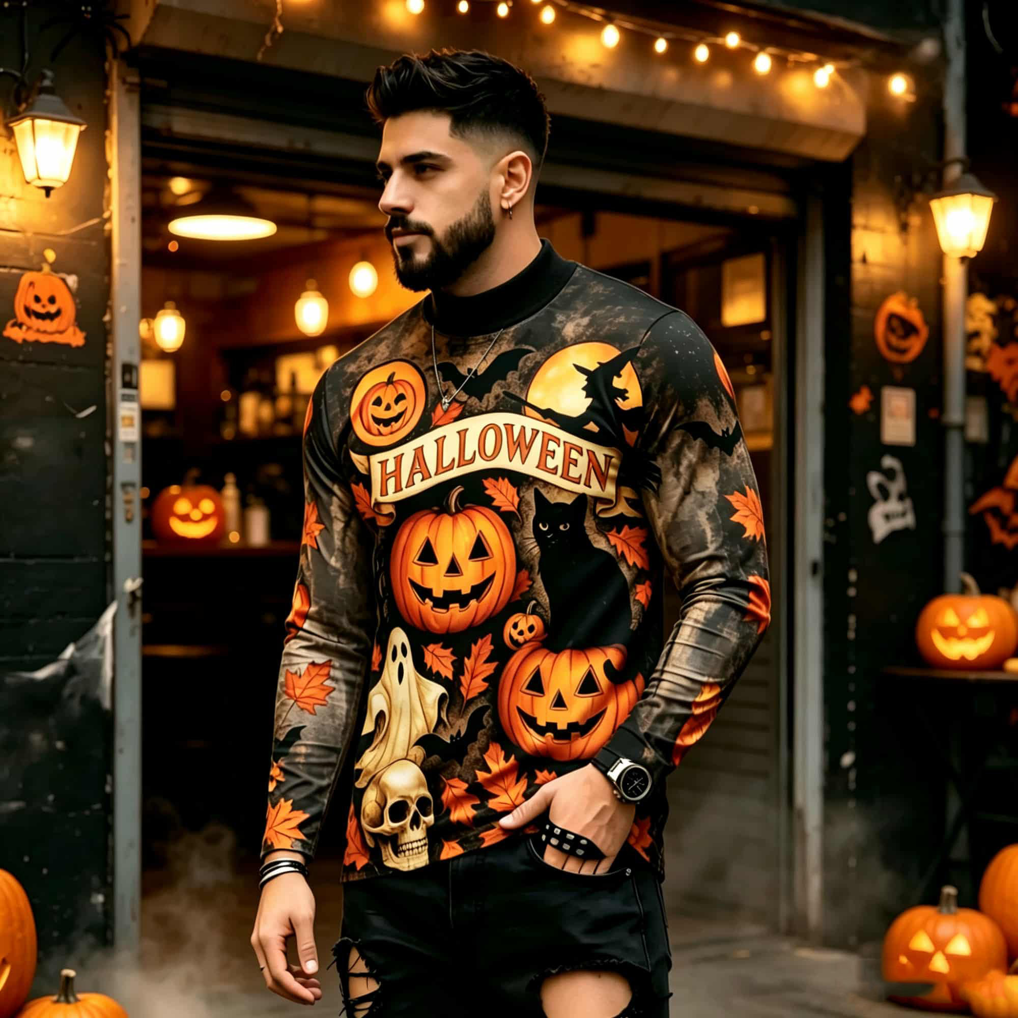 Street Fashion For Man - เสื้อยืดแขนยาวลายพิมพ์ฮาโลวีนสไตล์สตรีทแฟชั่นลำลอง ลายฟักทอง ผี แมวดำ ดีไซน์ทันสมัย ใส่ได้หลากหลายสำหรับผู้ชาย