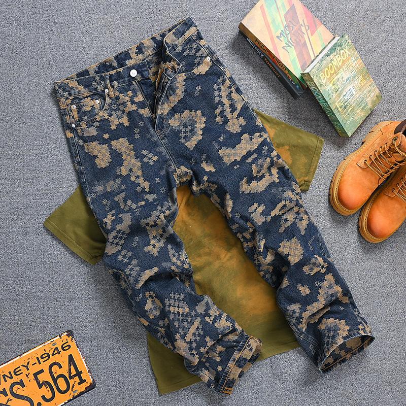 Street Fashion High End - โมเสค Jacquard เย็บปักถักร้อย Retro กางเกงยีนส์ผู้ชายแฟชั่น High