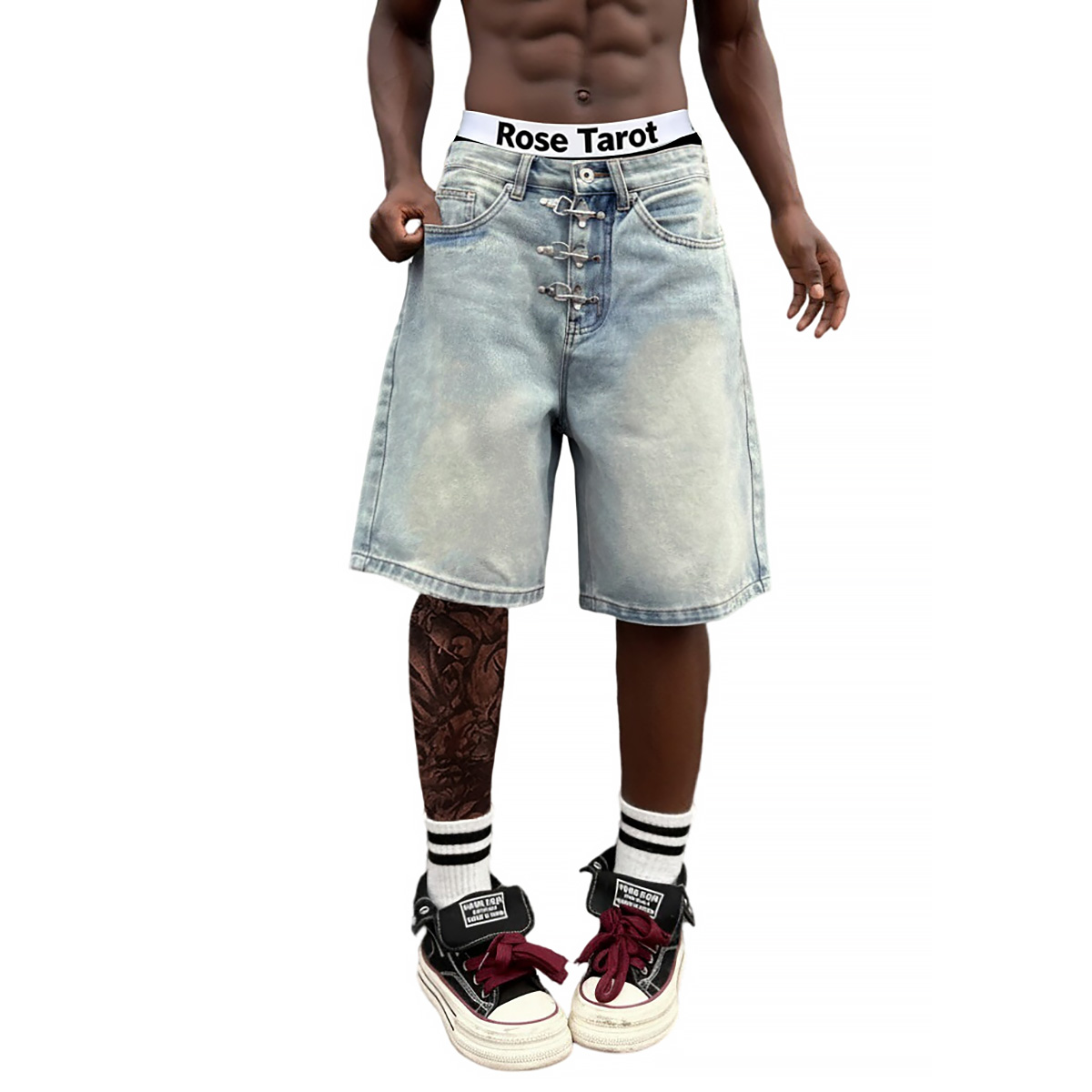 กางเกงยีนส์ขาสั้นทรงหลวมแบบมีห - Street Fashion Jeans Men บทวิจารณ์และราคา